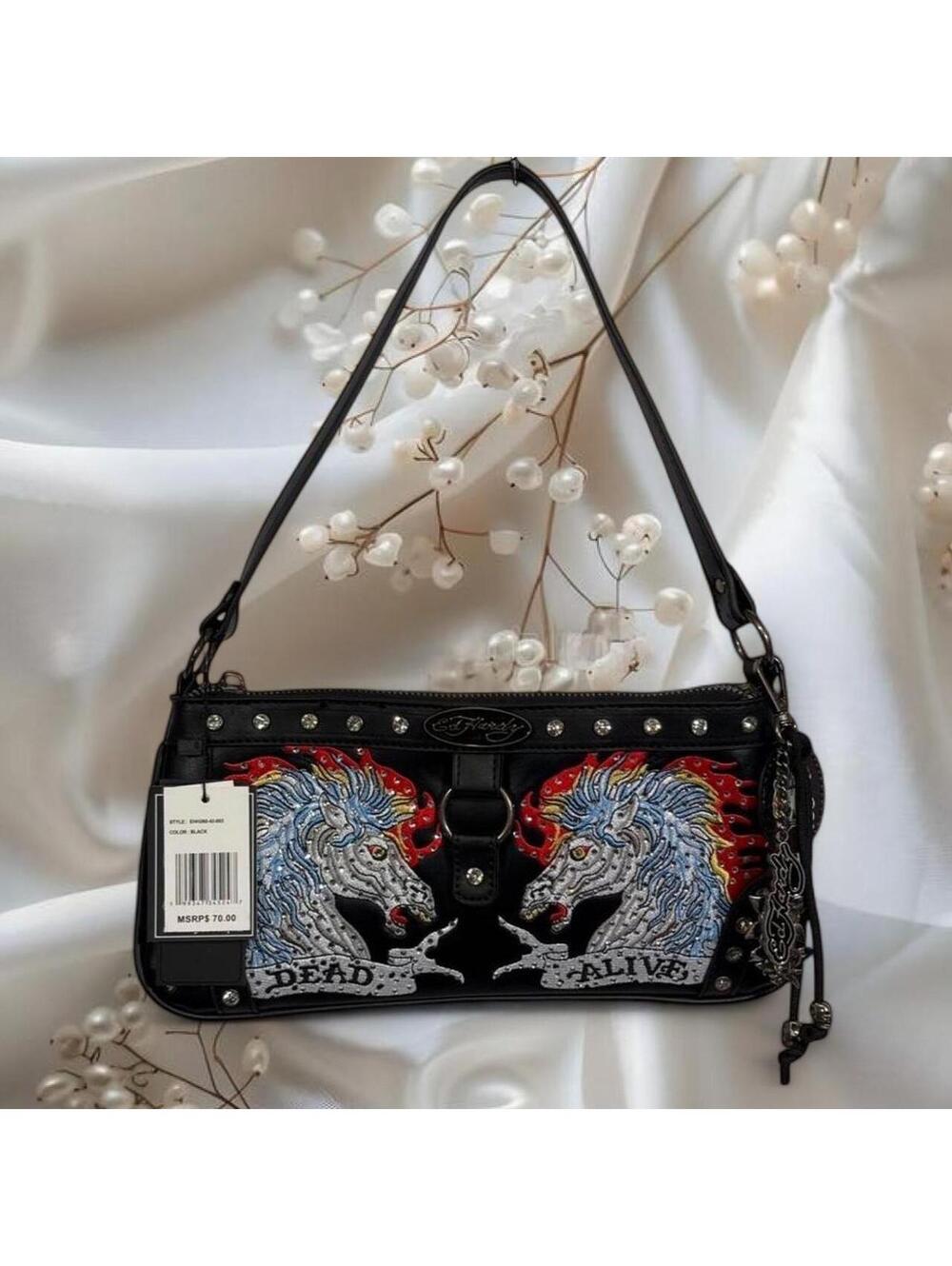 Ed Hardy Dead Alive Shoulder Bag Black Y2K Tattoo Purse NWT